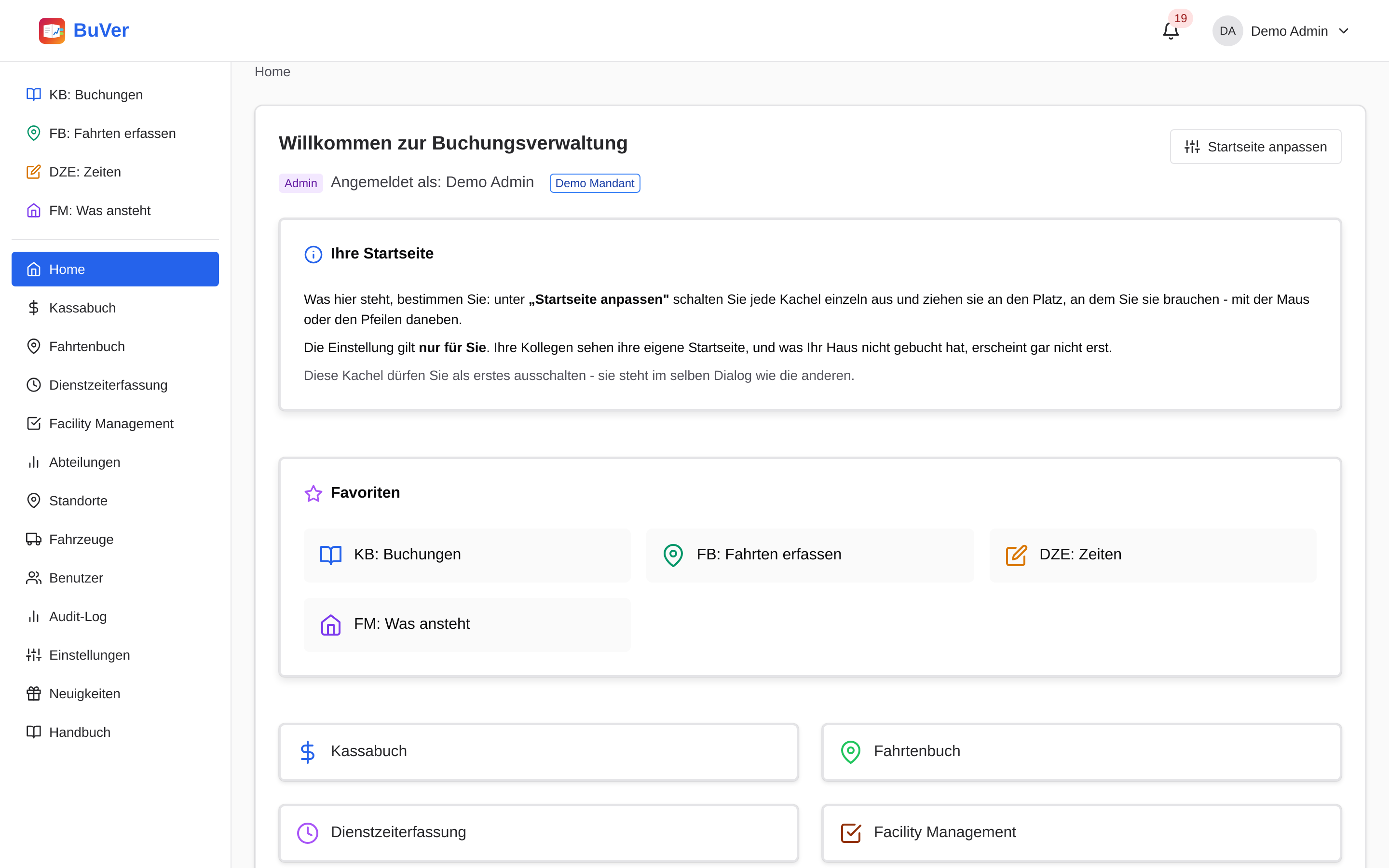 The BuVer home page on a desktop: sidebar with all modules, tiles for favourites and modules